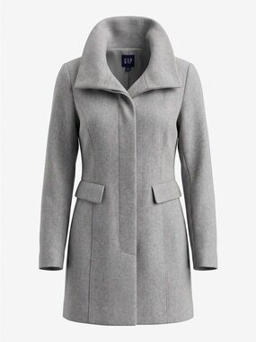Vintage GAP Women's Light Gray Tailored Wool-Blend Funnel Neck Trench Coat M